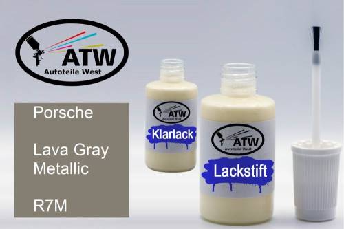 Porsche, Lava Gray Metallic, R7M: 20ml Lackstift + 20ml Klarlack - Set, von ATW Autoteile West.